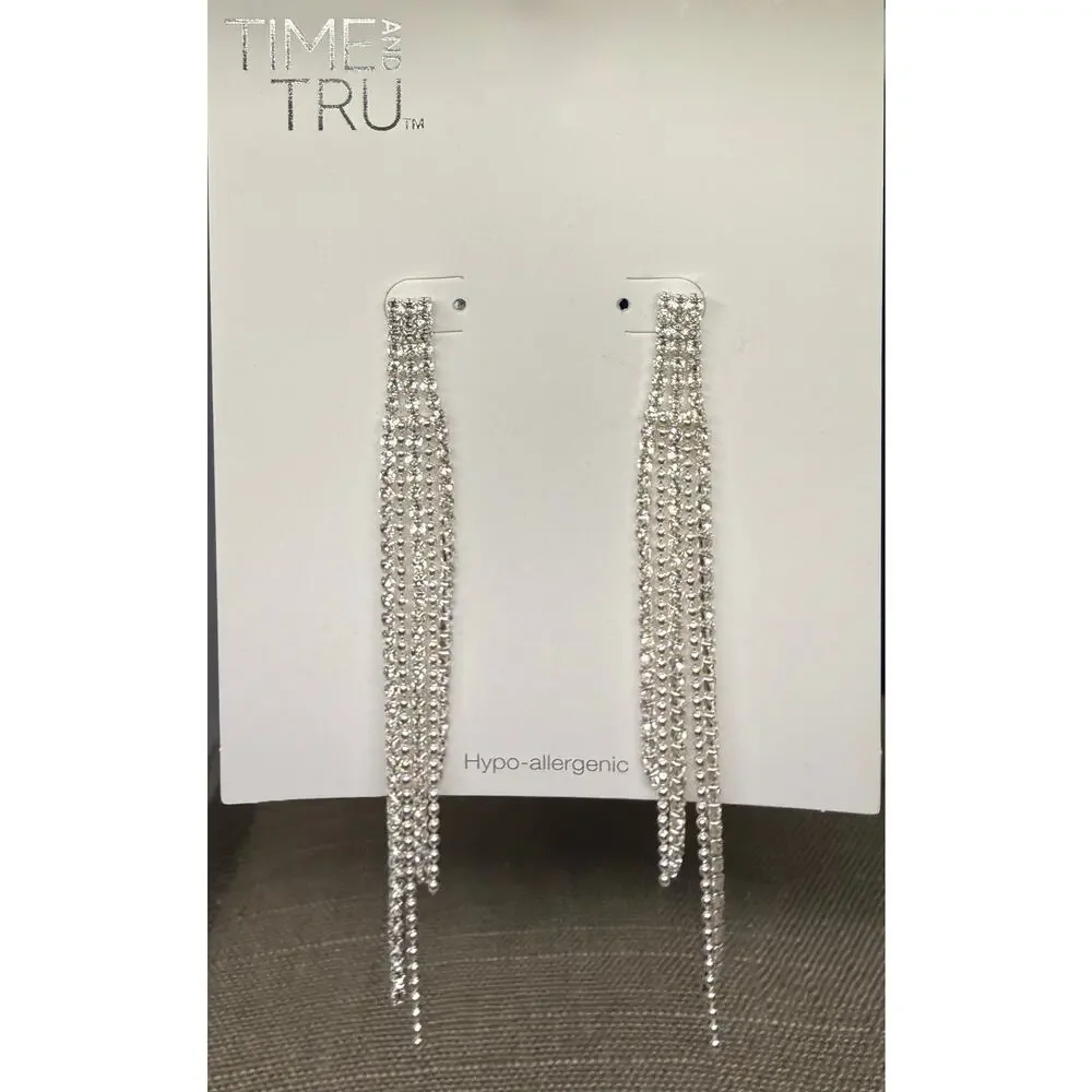 🧚🏻‍♀️ Rhinestone Fringe Earrings Silver 4” Dangle Statement Hypoallergenic NIP